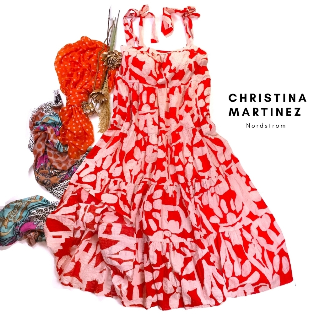 Nordstrom Christina Martinez Red & White Tie-Shoulder Sundress Sz M